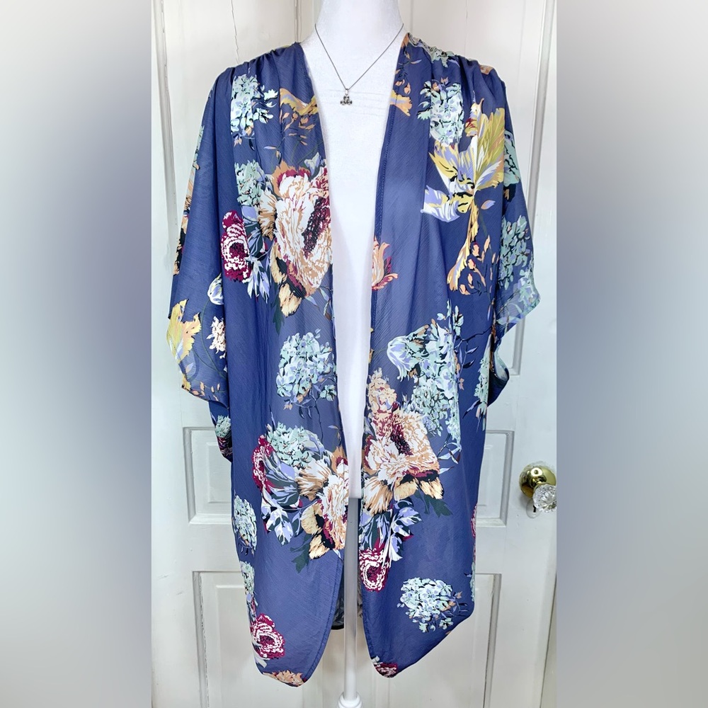 Ivay Floral Open Front Short Draped Sleeved Long Kimono - Duster - Beach Coverup